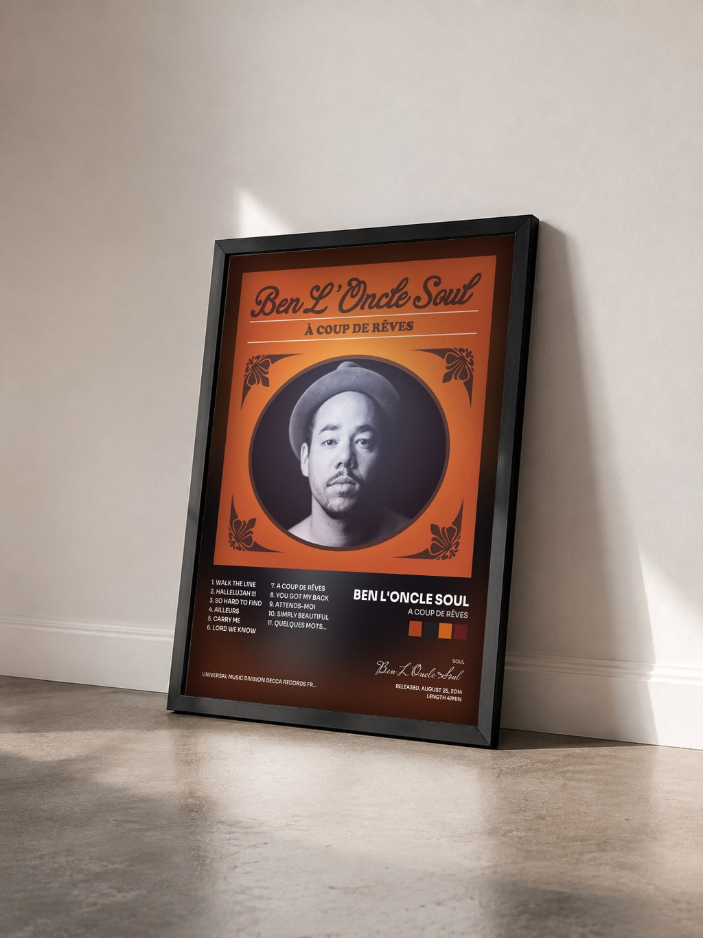 #noir Tableau de l'album A Coup De Rêves de Ben L'Oncle Soul vu de trois quarts, cadre noir
