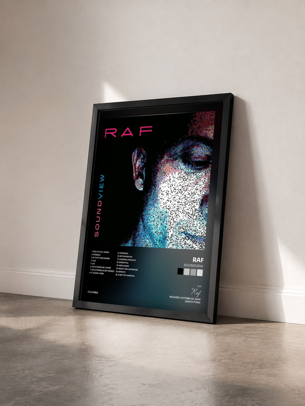 #noir Tableau de l'album Soundview de Raf vu de trois quarts, cadre noir