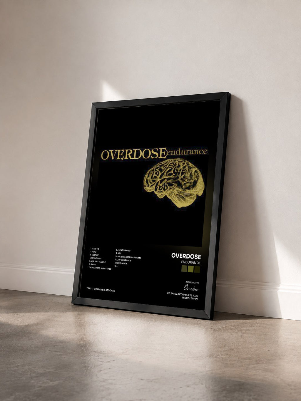 #noir Tableau de l'album Endurance de Overdose vu de trois quarts, cadre noir