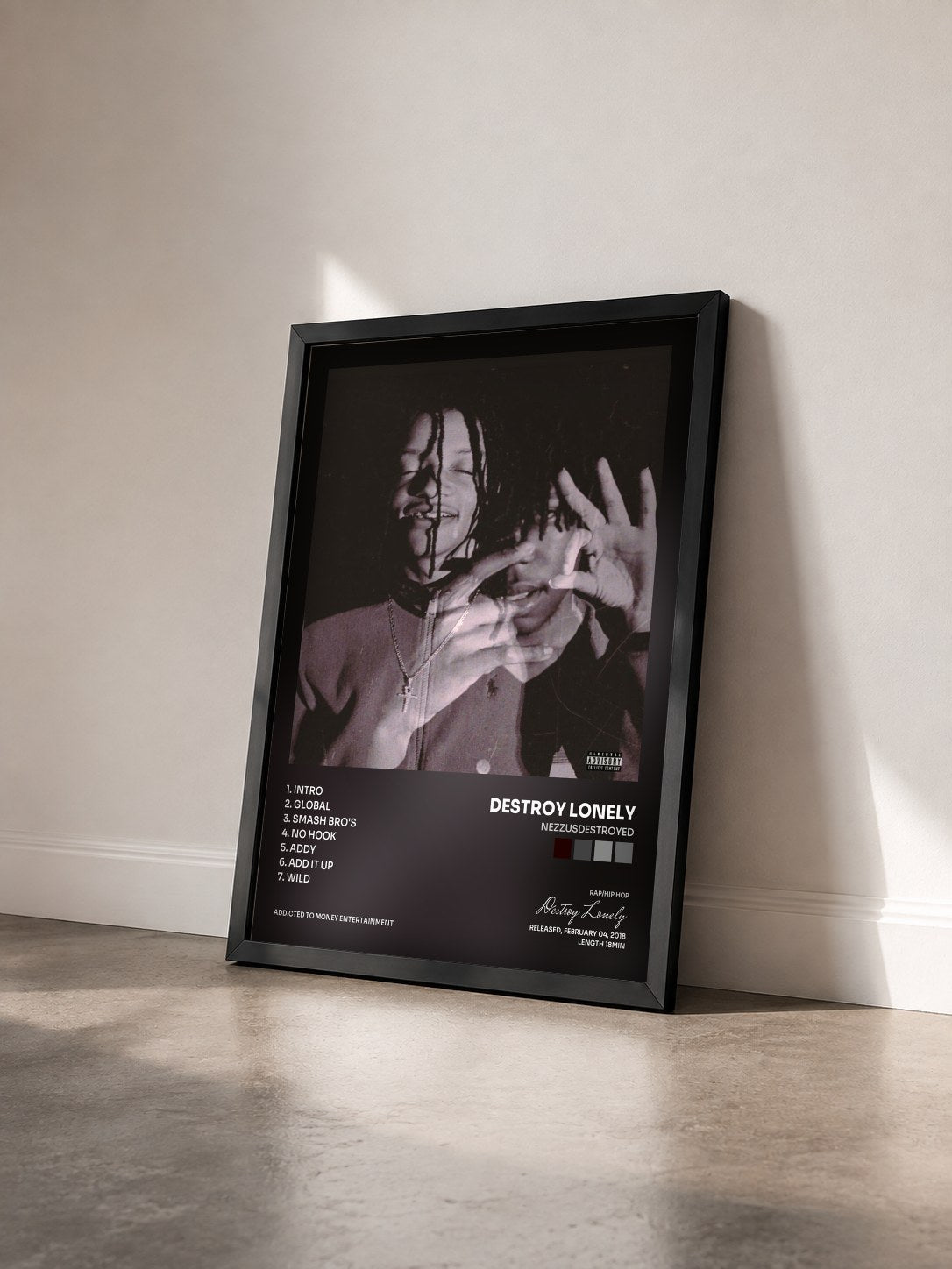 #noir Tableau de l'album NezzusDestroyed de Destroy Lonely vu de trois quarts, cadre noir