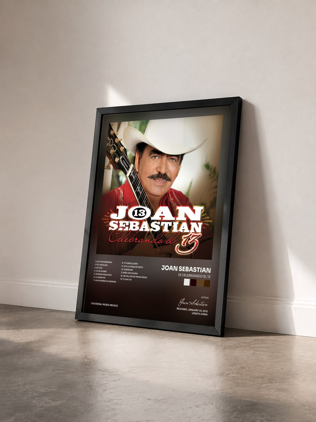 #noir Tableau de l'album 13 Celebrando El 13 de Joan Sebastian vu de trois quarts, cadre noir