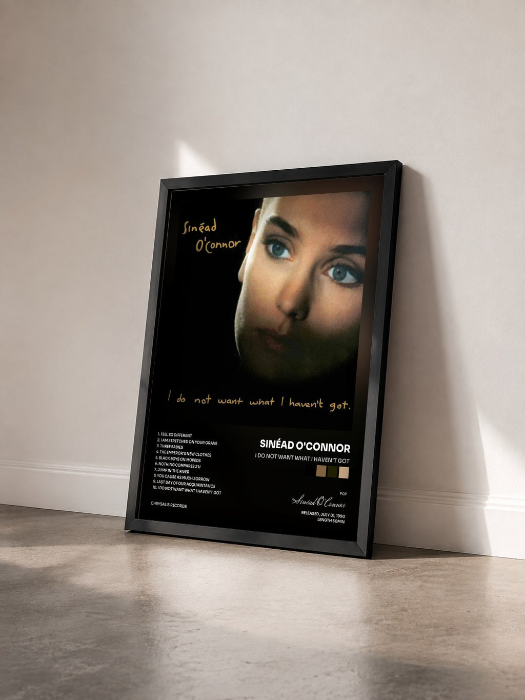 #noir Tableau de l'album I Do Not Want What I Haven't Got de Sinéad O'Connor vu de trois quarts, cadre noir