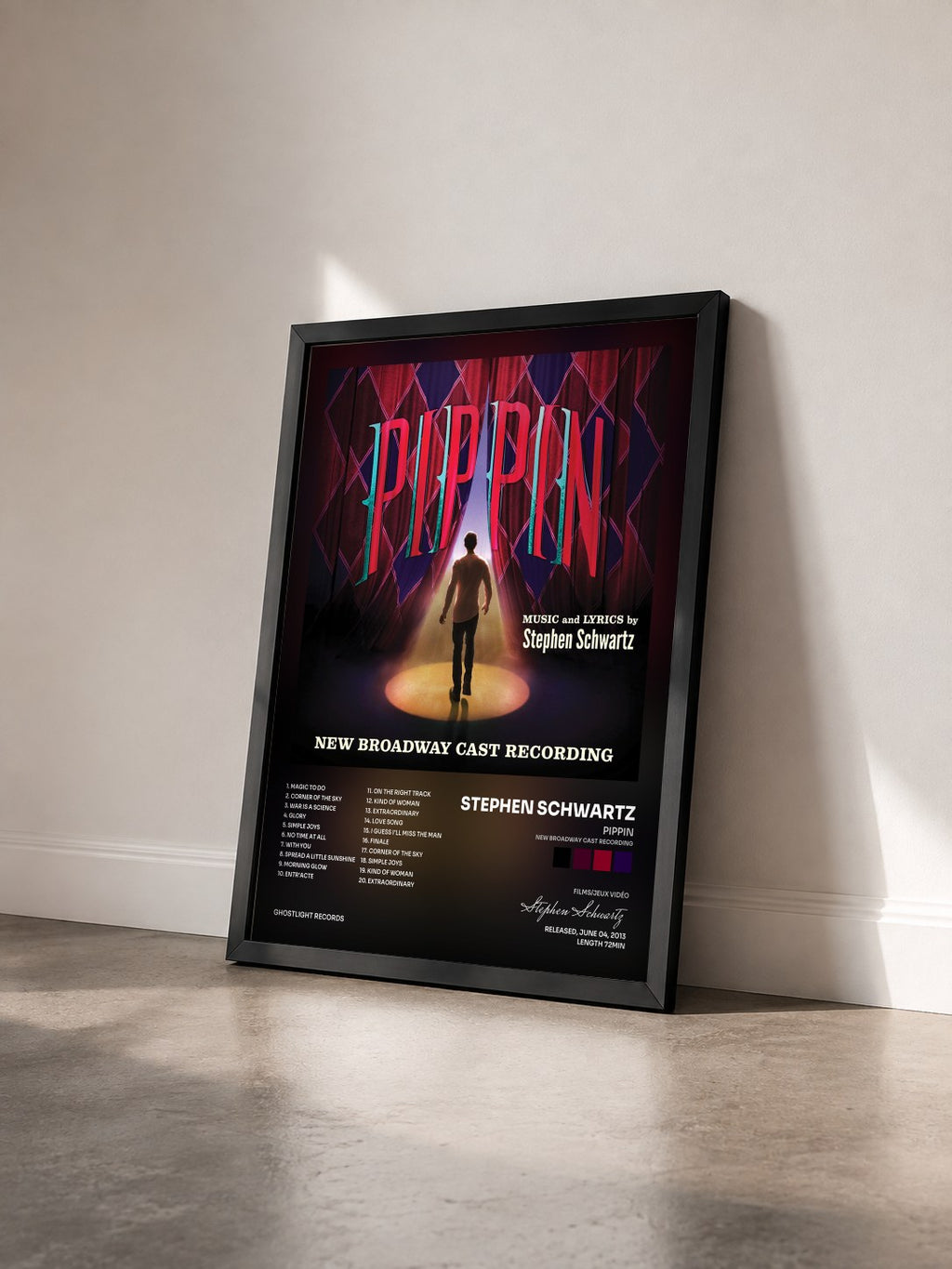 #noir Tableau de l'album Pippin (New Broadway Cast Recording) de Stephen Schwartz vu de trois quarts, cadre noir