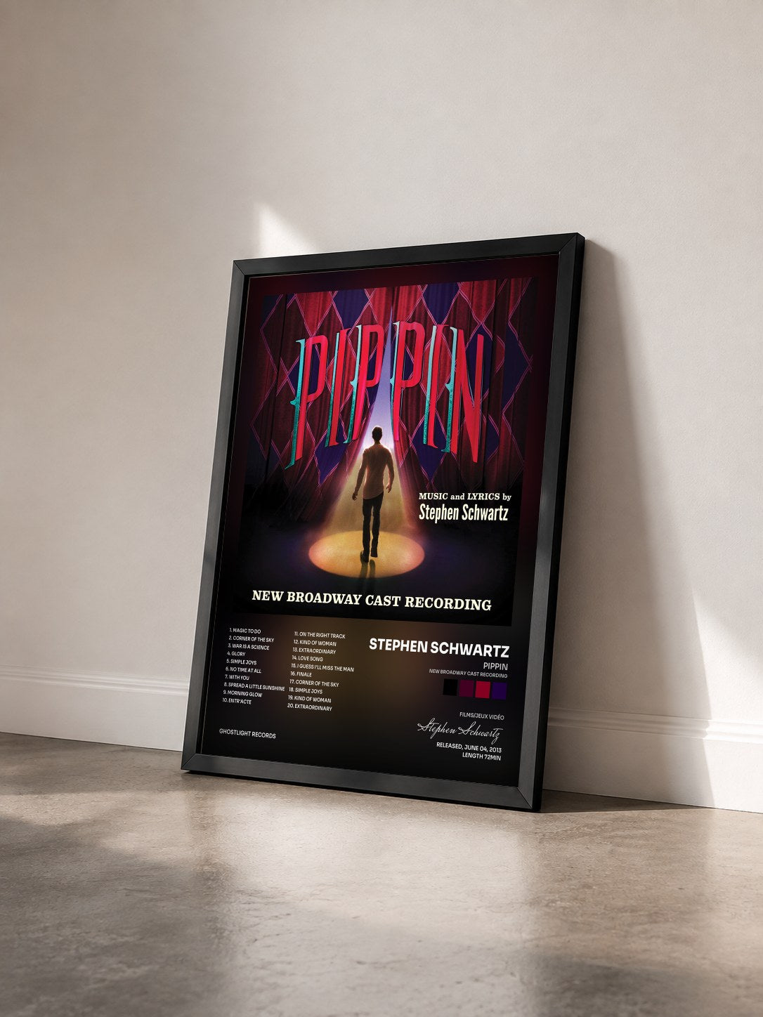 #noir Tableau de l'album Pippin (New Broadway Cast Recording) de Stephen Schwartz vu de trois quarts, cadre noir