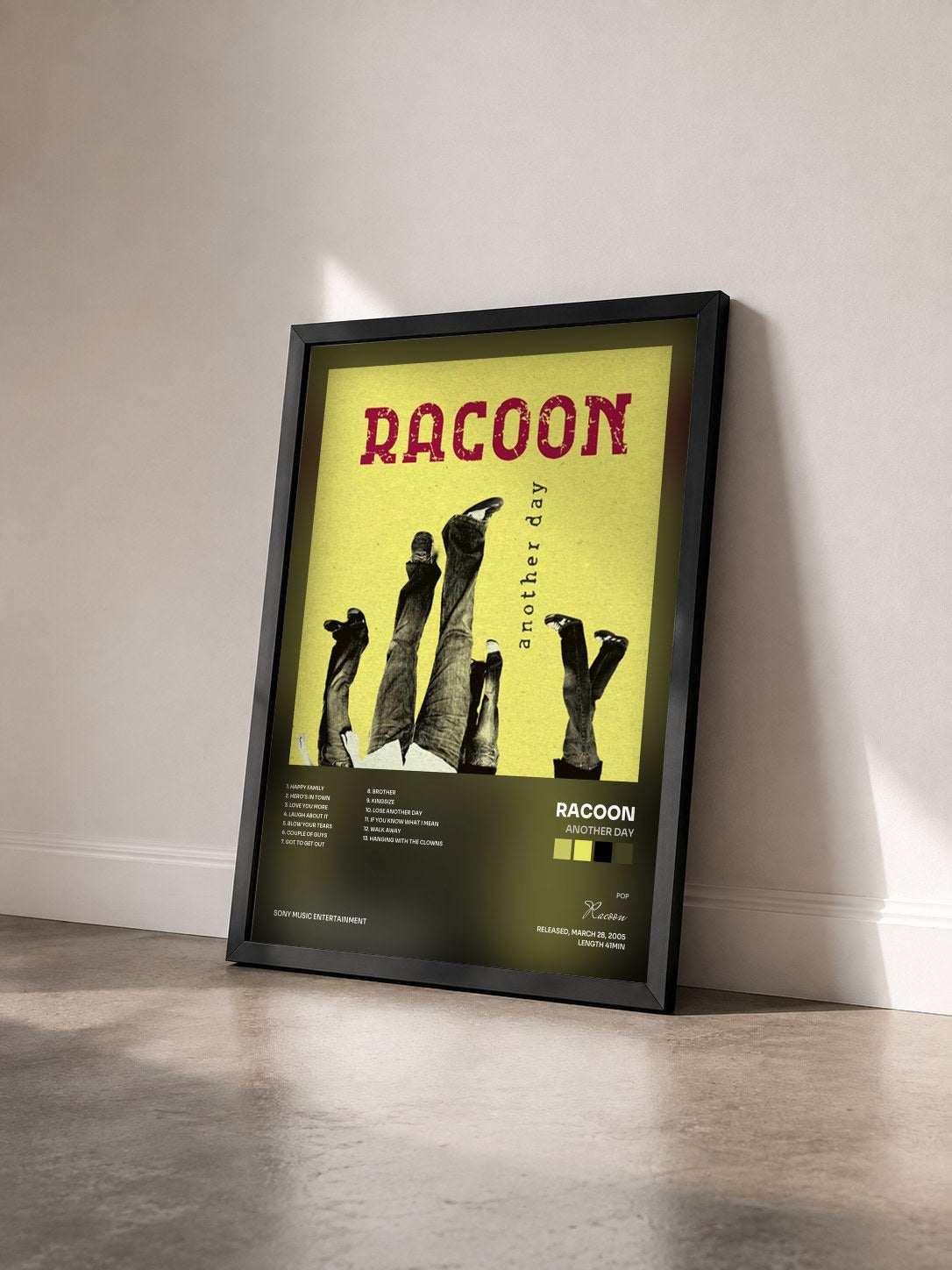 #noir Tableau de l'album Another Day de Racoon vu de trois quarts, cadre noir