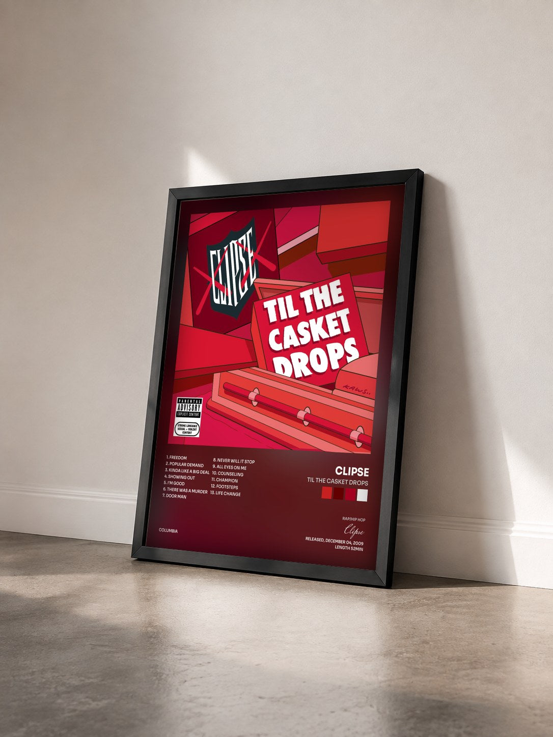 #noir Tableau de l'album Til The Casket Drops de Clipse vu de trois quarts, cadre noir