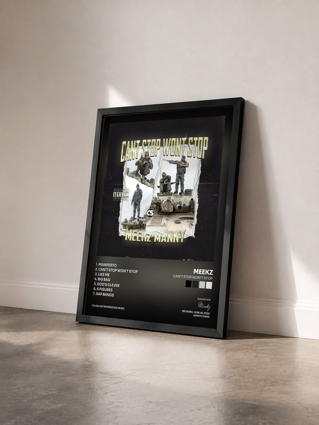 #noir Tableau de l'album Can't Stop Won't Stop de Meekz vu de trois quarts, cadre noir