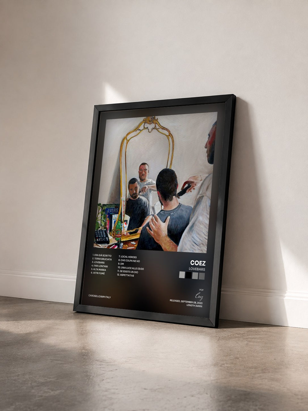 #noir Tableau de l'album Lovebars de Coez vu de trois quarts, cadre noir