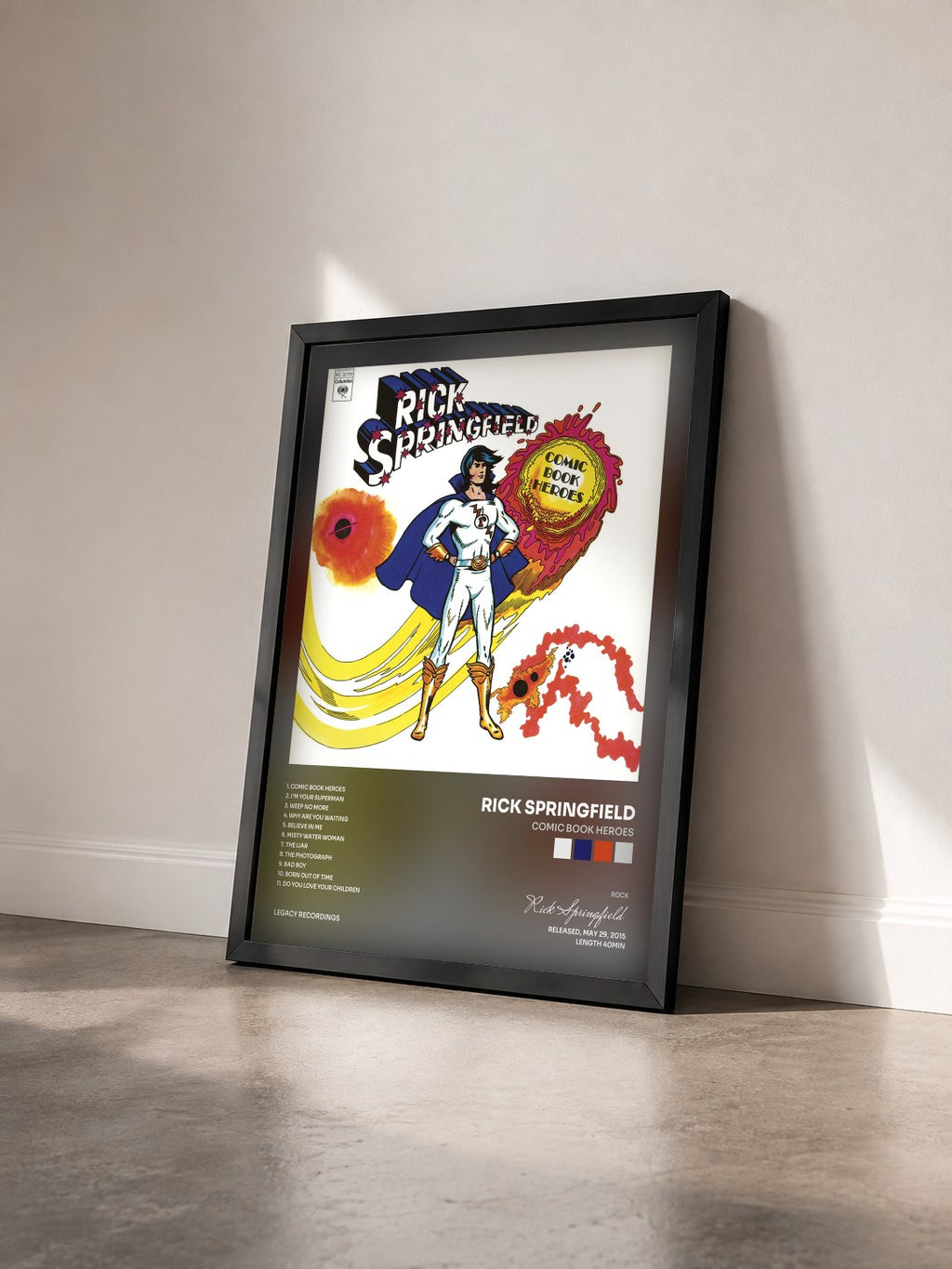 #noir Tableau de l'album Comic Book Heroes de Rick Springfield vu de trois quarts, cadre noir