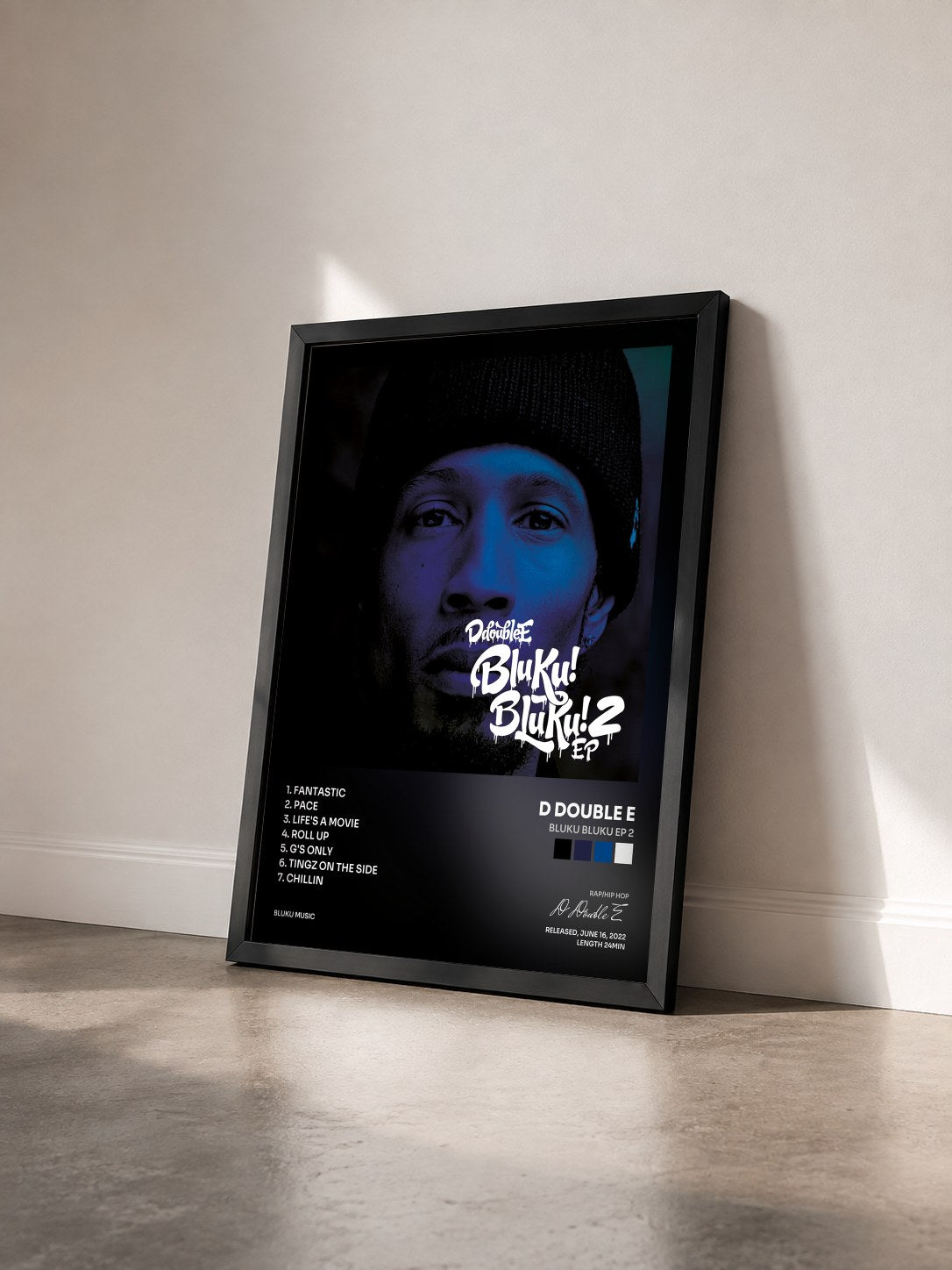 #noir Tableau de l'album Bluku Bluku EP 2 de D Double E vu de trois quarts, cadre noir
