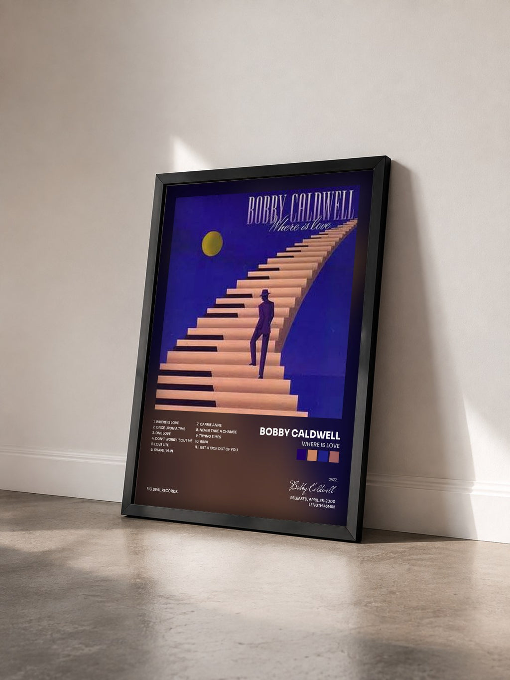 #noir Tableau de l'album Where is Love de Bobby Caldwell vu de trois quarts, cadre noir