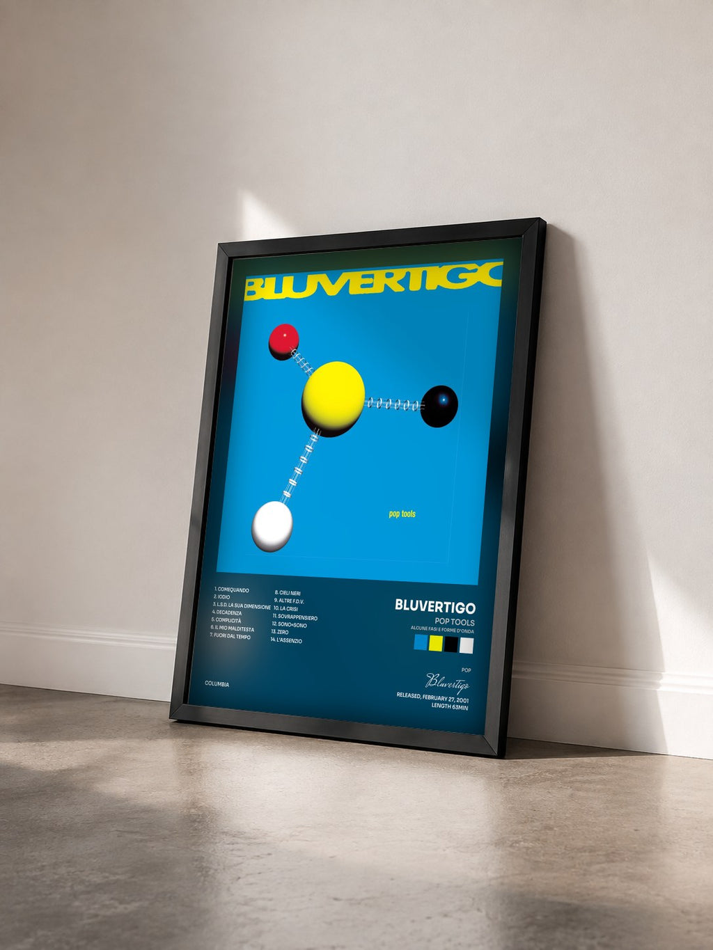 #noir Tableau de l'album Pop Tools (Alcune Fasi e Forme d'Onda) de Bluvertigo vu de trois quarts, cadre noir