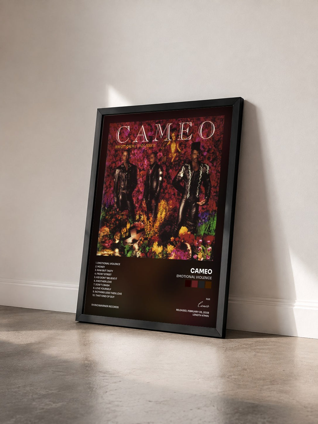 #noir Tableau de l'album Emotional Violence de Cameo vu de trois quarts, cadre noir