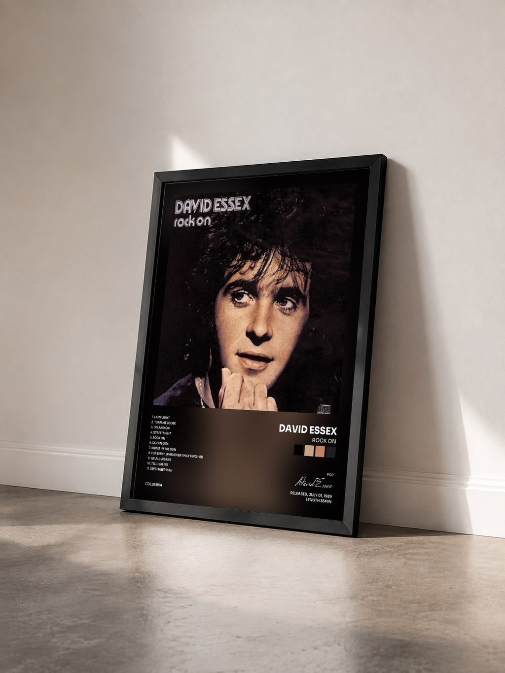 #noir Tableau de l'album Rock On de David Essex vu de trois quarts, cadre noir