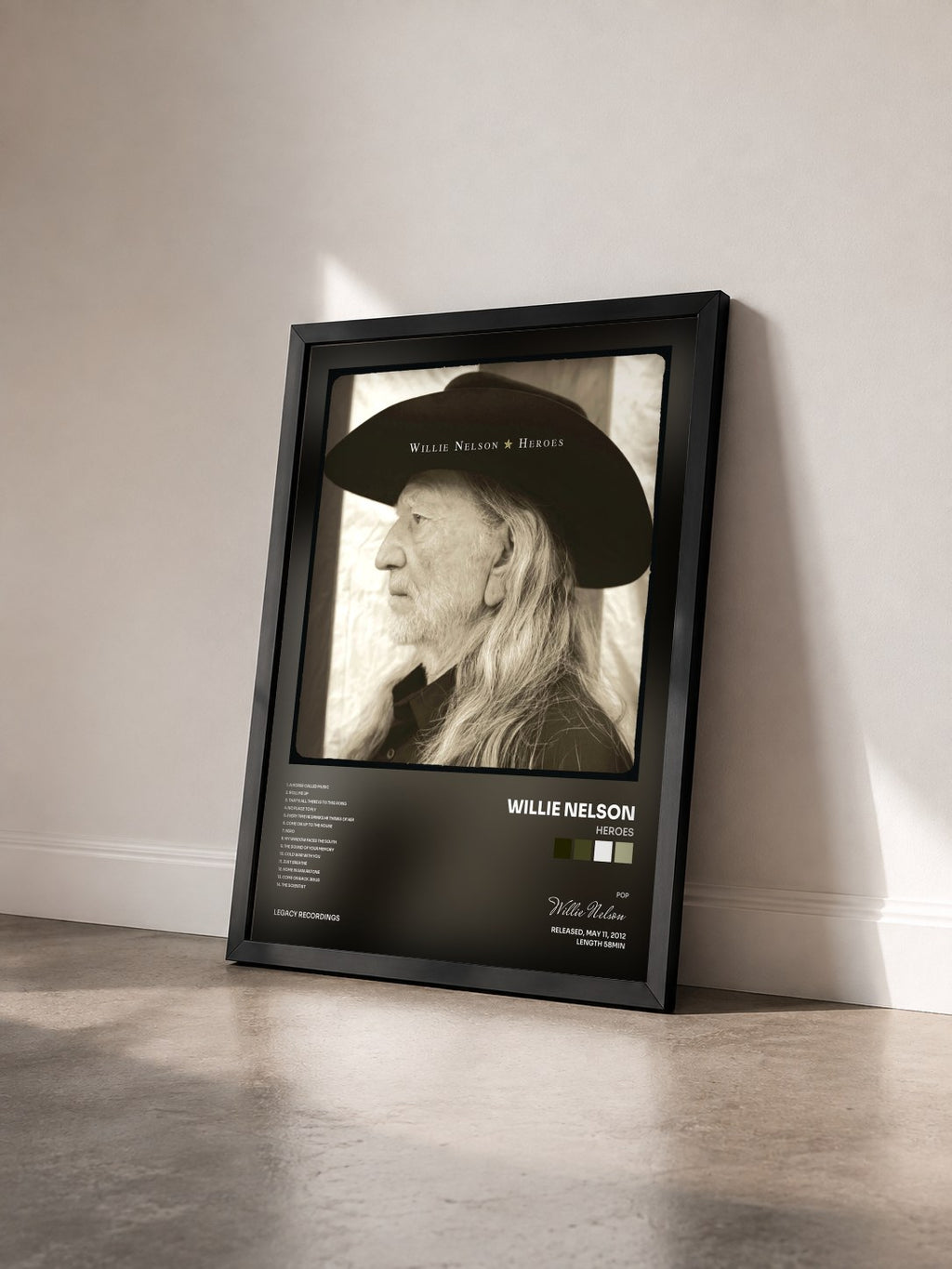 #noir Tableau de l'album Heroes de Willie Nelson vu de trois quarts, cadre noir