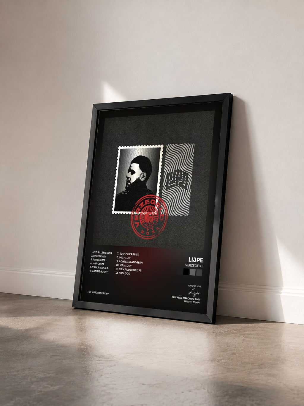 #noir Tableau de l'album Verzegeld de Lijpe vu de trois quarts, cadre noir