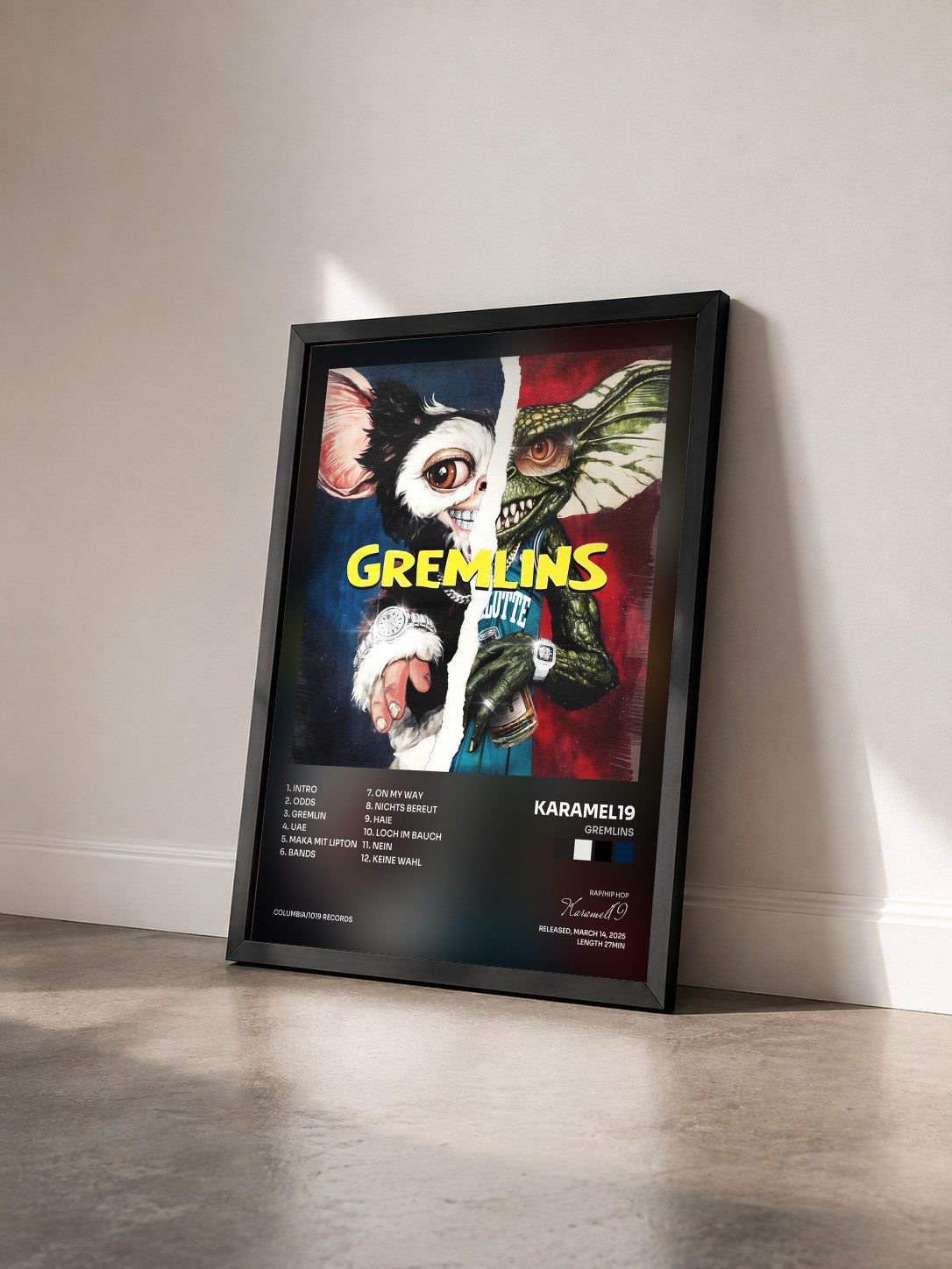 #noir Tableau de l'album Gremlins de Karamel19 vu de trois quarts, cadre noir