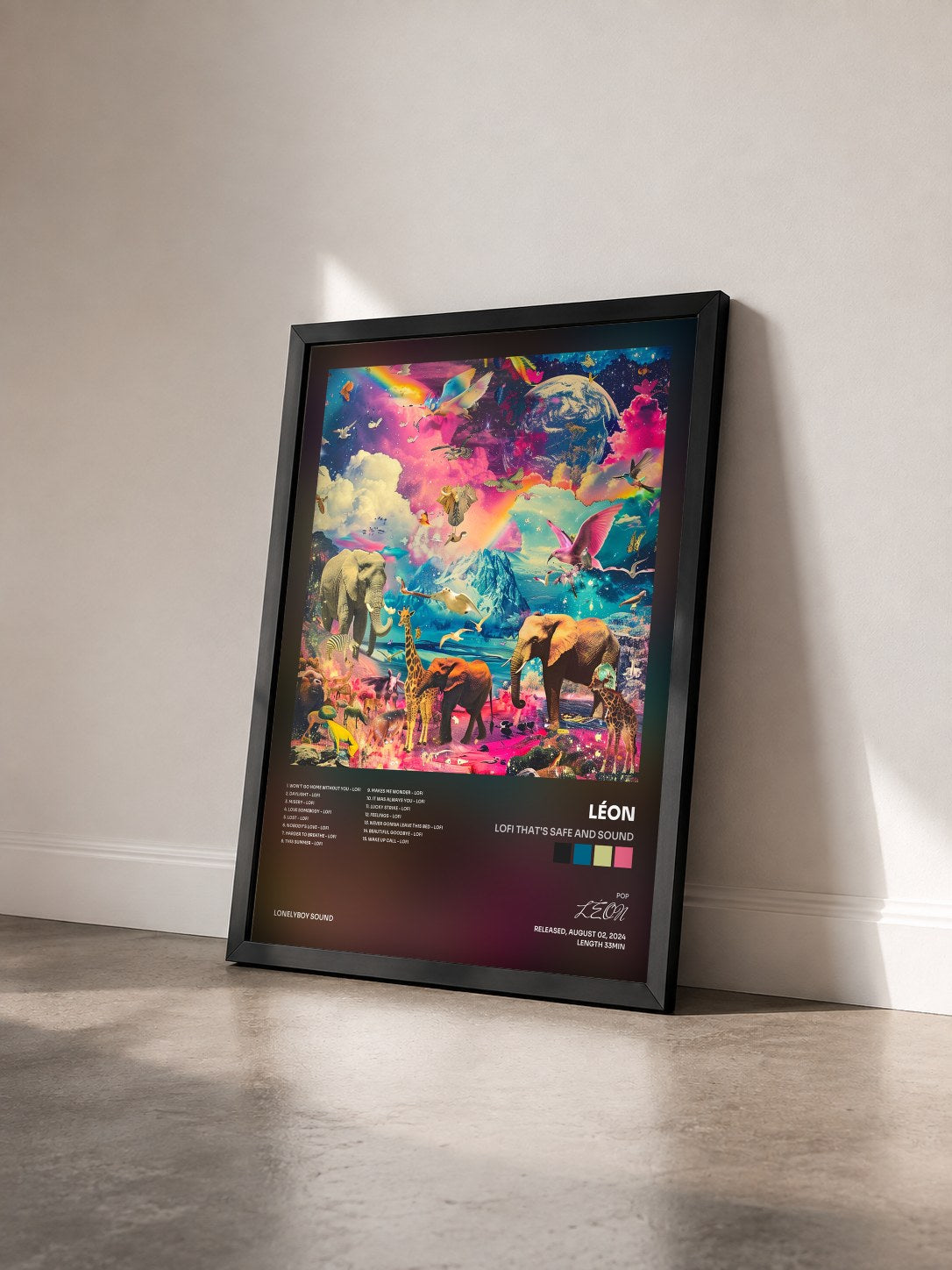 #noir Tableau de l'album lofi that's safe and sound de LÉON vu de trois quarts, cadre noir