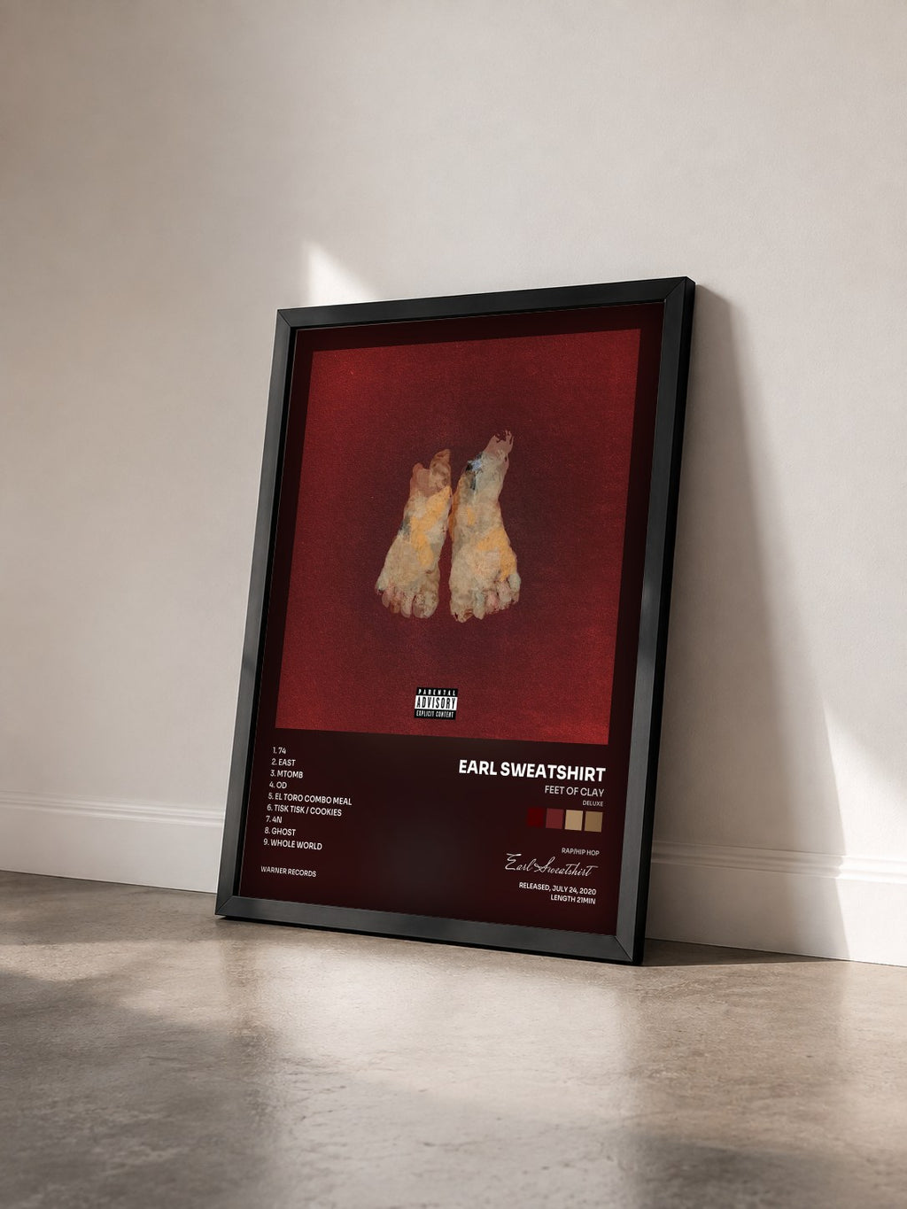 #noir Tableau de l'album FEET OF CLAY (Deluxe) de Earl Sweatshirt vu de trois quarts, cadre noir