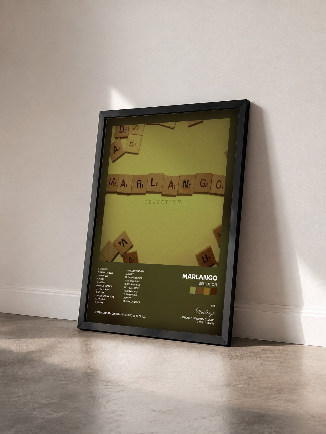 #noir Tableau de l'album Selection de Marlango vu de trois quarts, cadre noir