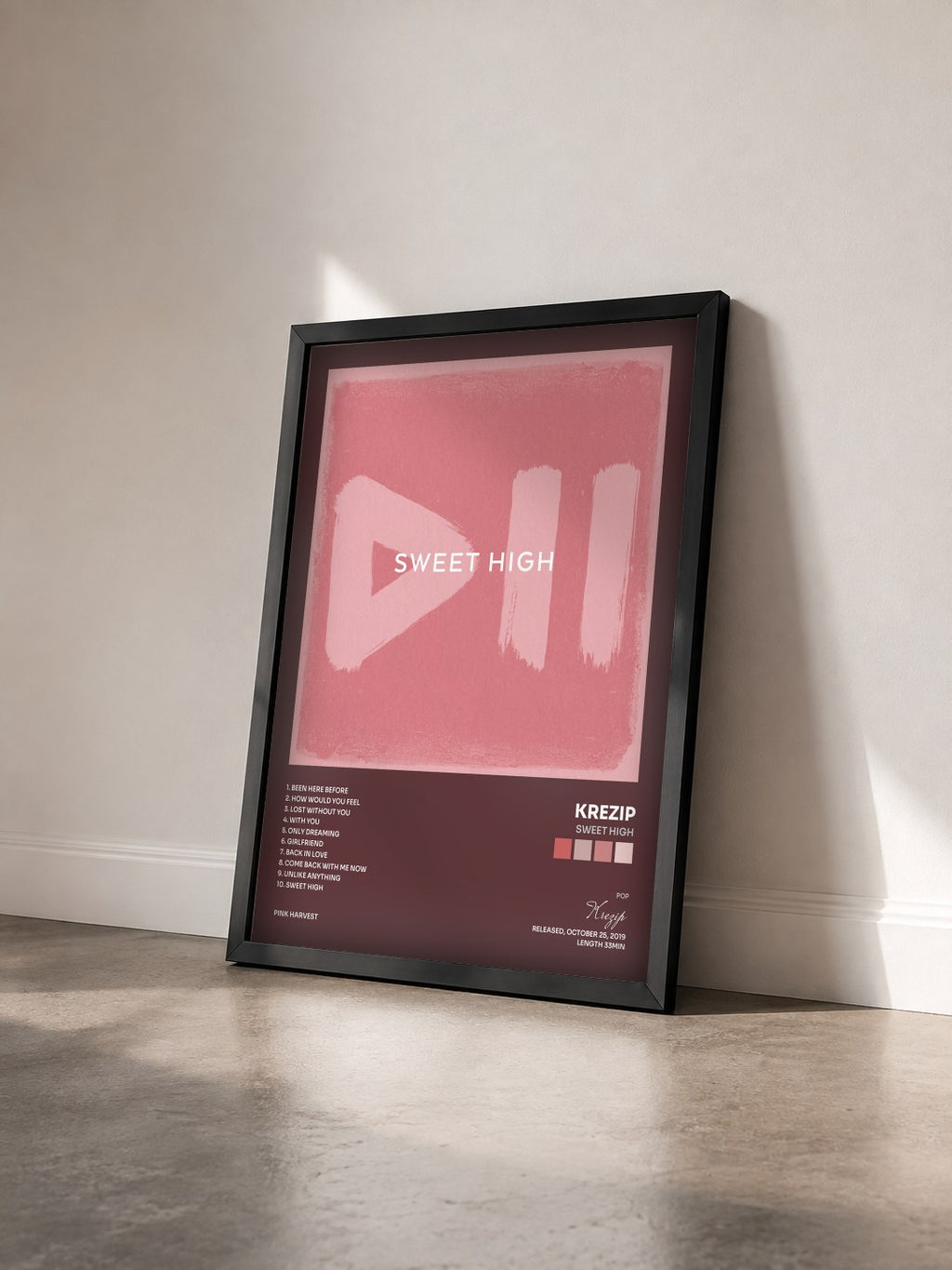 #noir Tableau de l'album Sweet High de Krezip vu de trois quarts, cadre noir