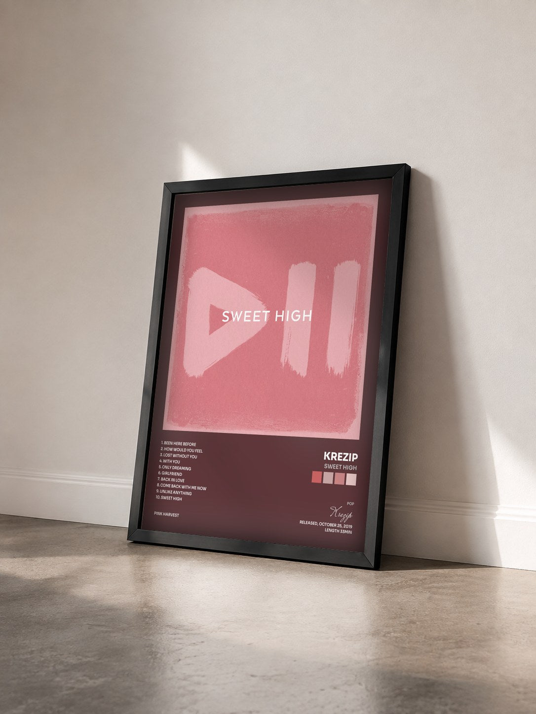 #noir Tableau de l'album Sweet High de Krezip vu de trois quarts, cadre noir
