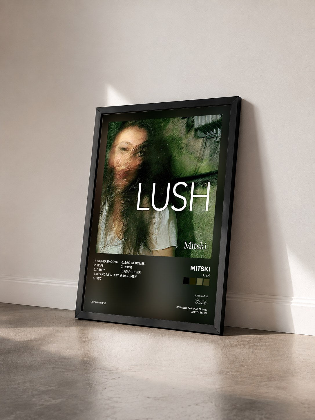 #noir Tableau de l'album Lush de Mitski vu de trois quarts, cadre noir