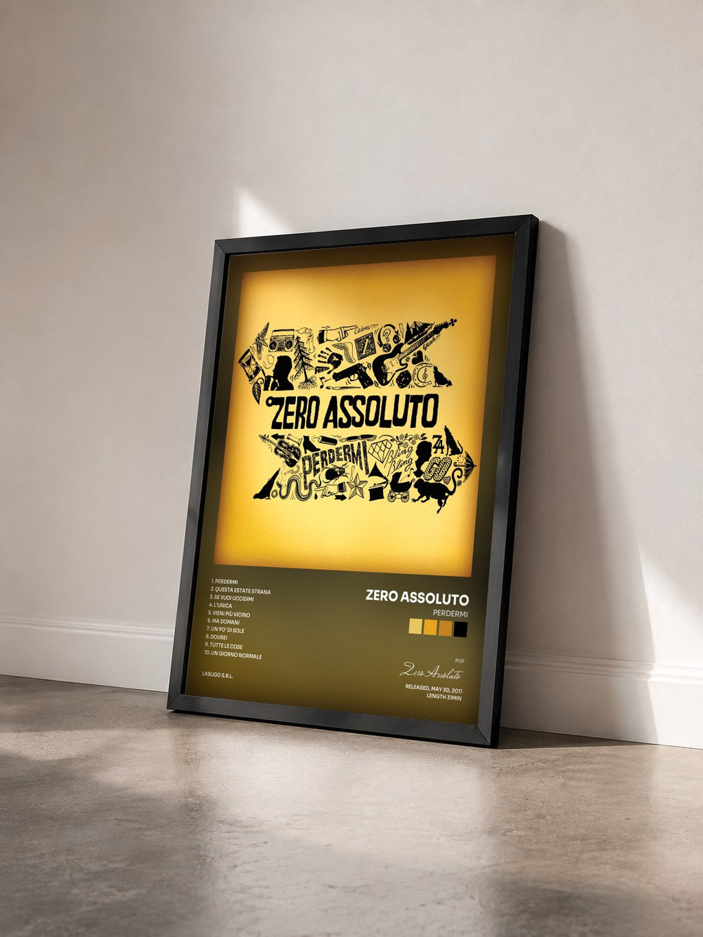 #noir Tableau de l'album Perdermi de Zero Assoluto vu de trois quarts, cadre noir