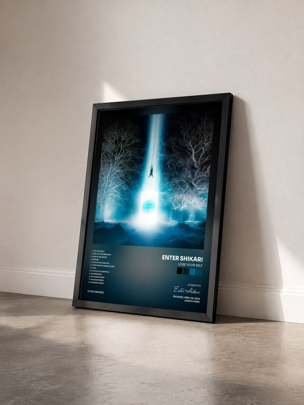 #noir Tableau de l'album Lose Your Self de Enter Shikari vu de trois quarts, cadre noir