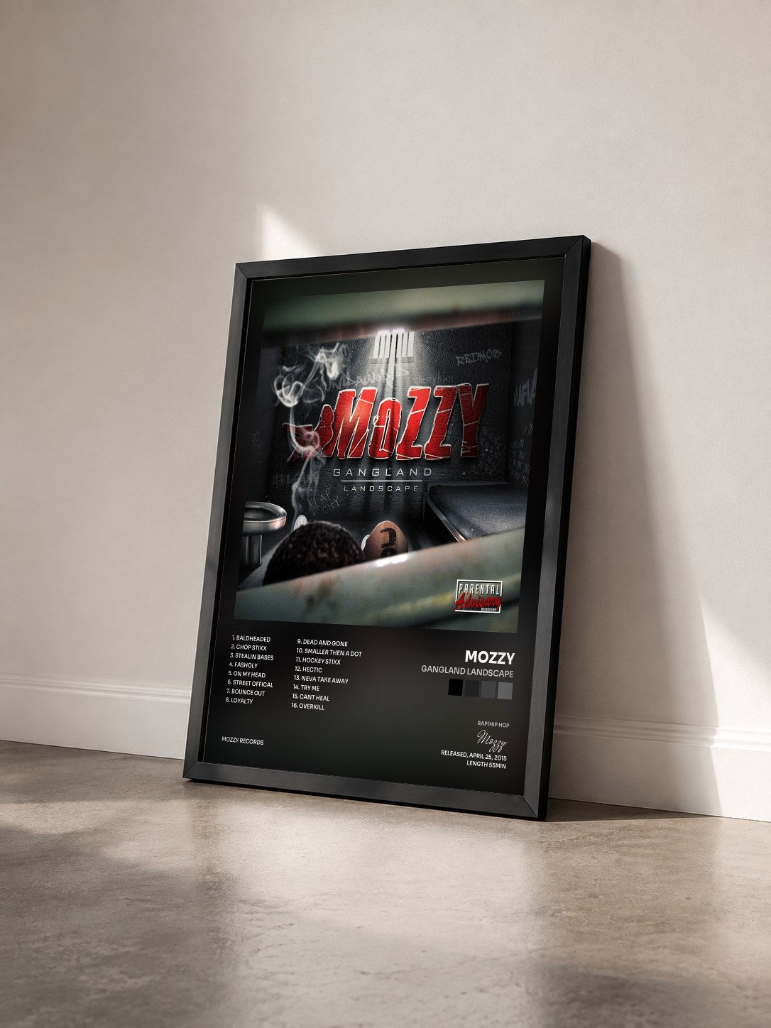 #noir Tableau de l'album Gangland Landscape de Mozzy vu de trois quarts, cadre noir