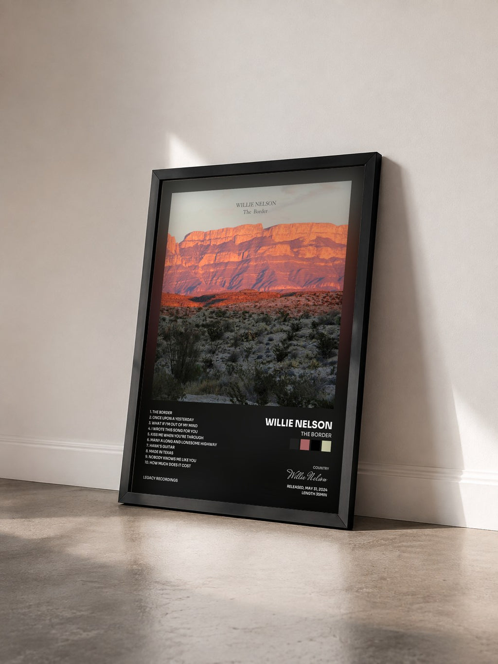 #noir Tableau de l'album The Border de Willie Nelson vu de trois quarts, cadre noir