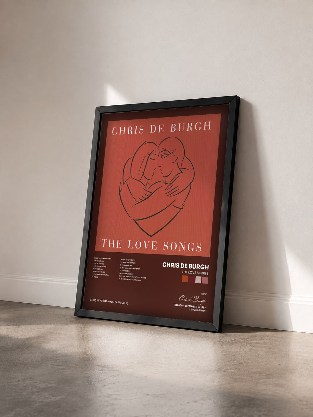 #noir Tableau de l'album The Love Songs de Chris de Burgh vu de trois quarts, cadre noir