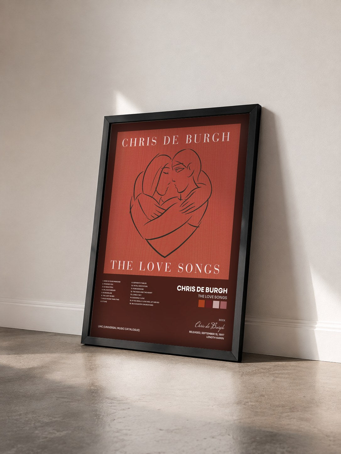 #noir Tableau de l'album The Love Songs de Chris de Burgh vu de trois quarts, cadre noir