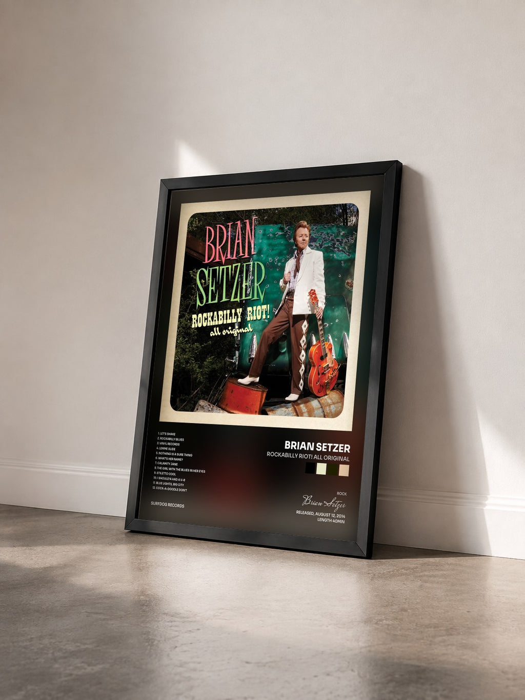#noir Tableau de l'album Rockabilly Riot! All Original de Brian Setzer vu de trois quarts, cadre noir