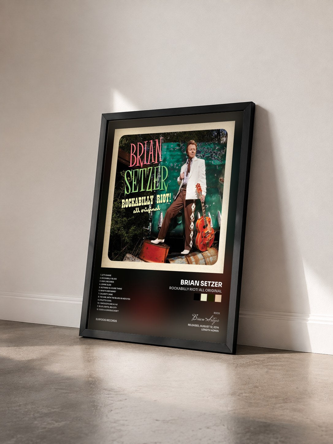 #noir Tableau de l'album Rockabilly Riot! All Original de Brian Setzer vu de trois quarts, cadre noir