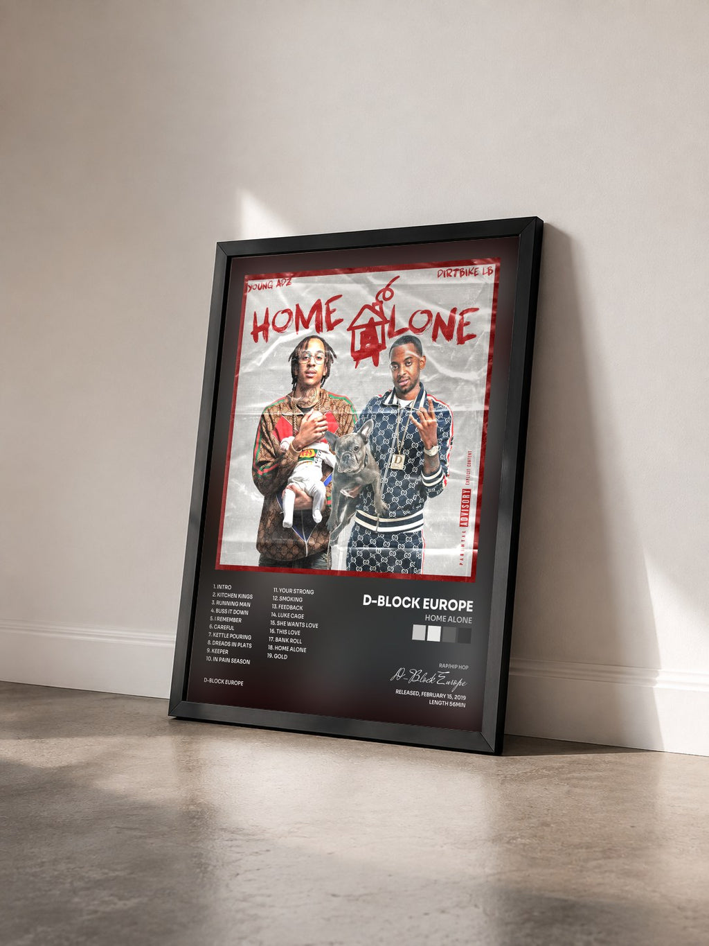 #noir Tableau de l'album Home Alone de D-Block Europe vu de trois quarts, cadre noir