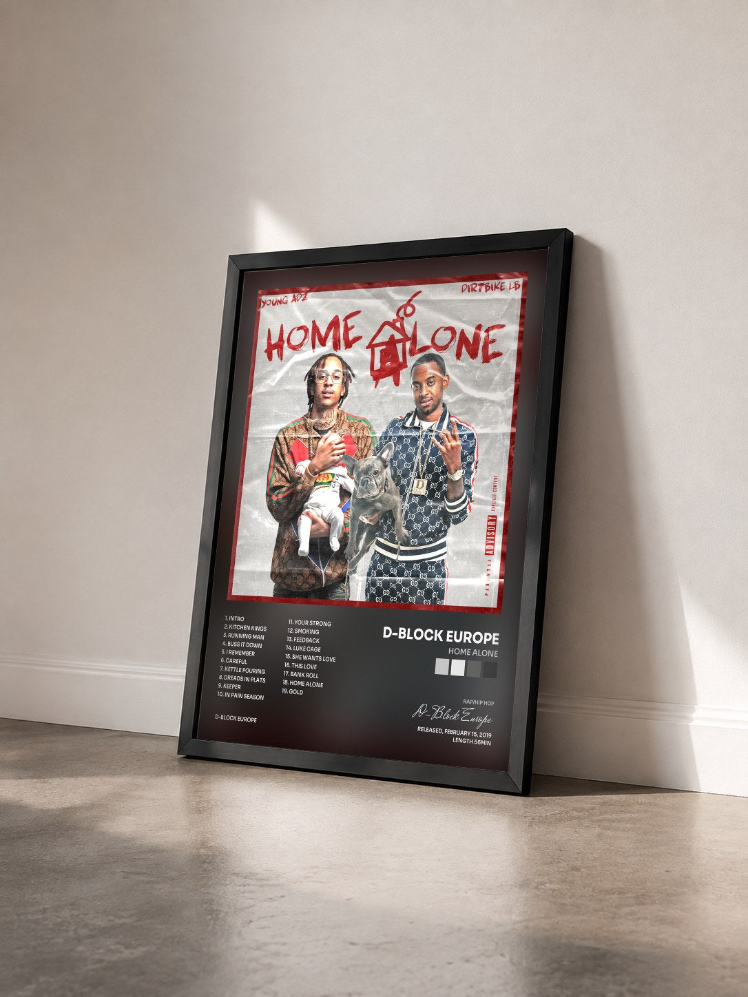 #noir Tableau de l'album Home Alone de D-Block Europe vu de trois quarts, cadre noir