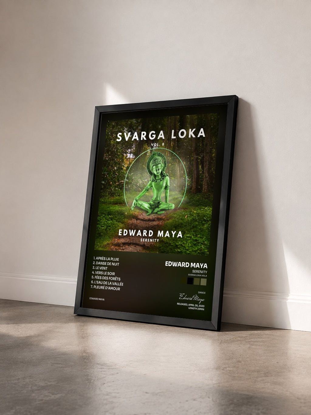 #noir Tableau de l'album Serenity (Svarga Loka Vol.8) de Edward Maya vu de trois quarts, cadre noir