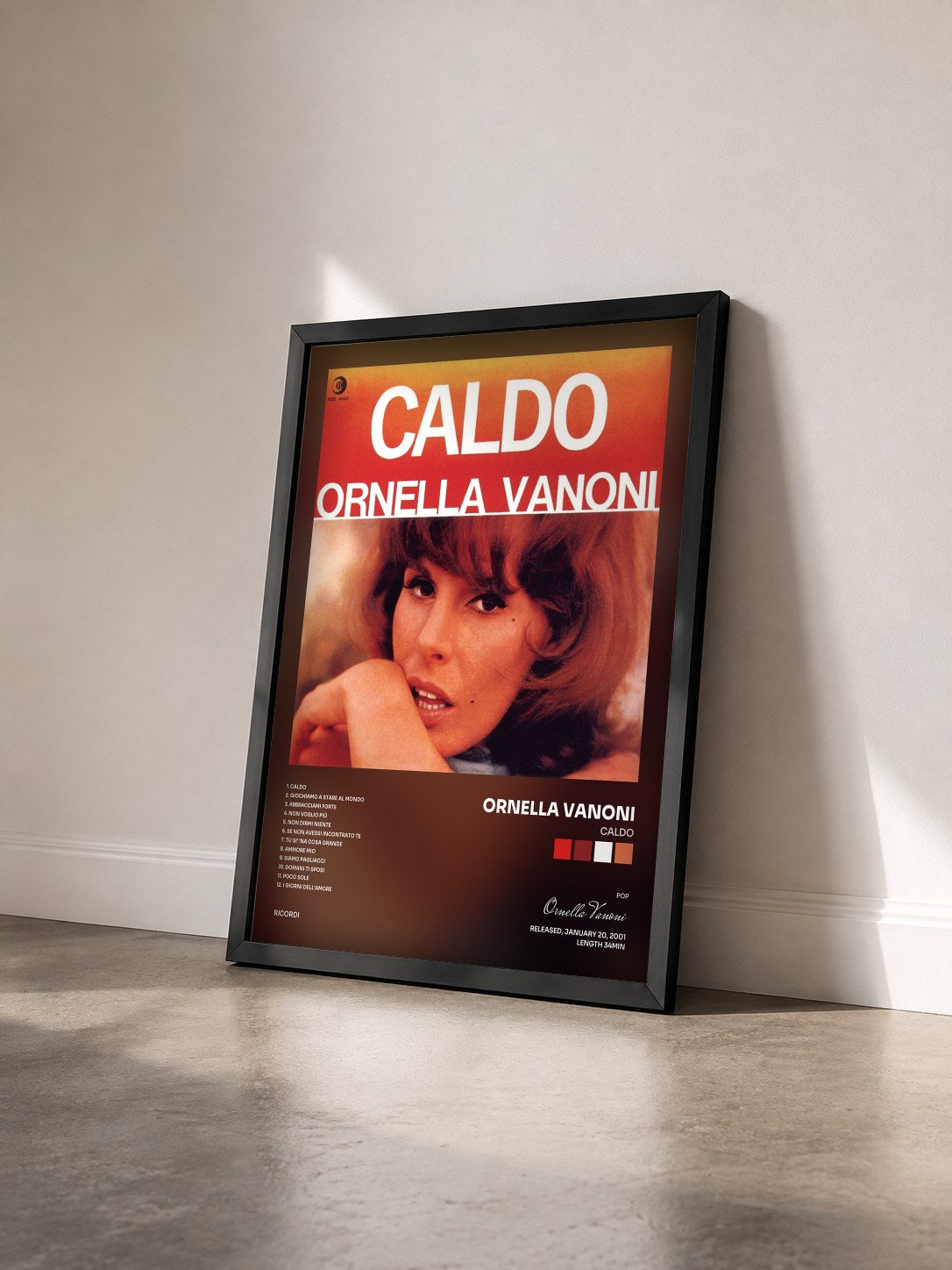 #noir Tableau de l'album Caldo de Ornella Vanoni vu de trois quarts, cadre noir