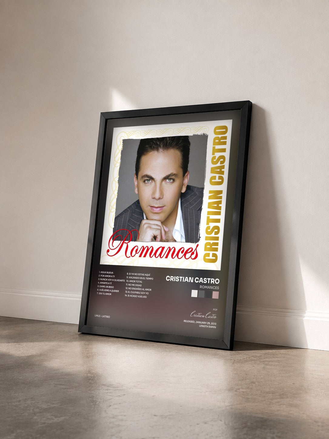 #noir Tableau de l'album Romances de Cristian Castro vu de trois quarts, cadre noir