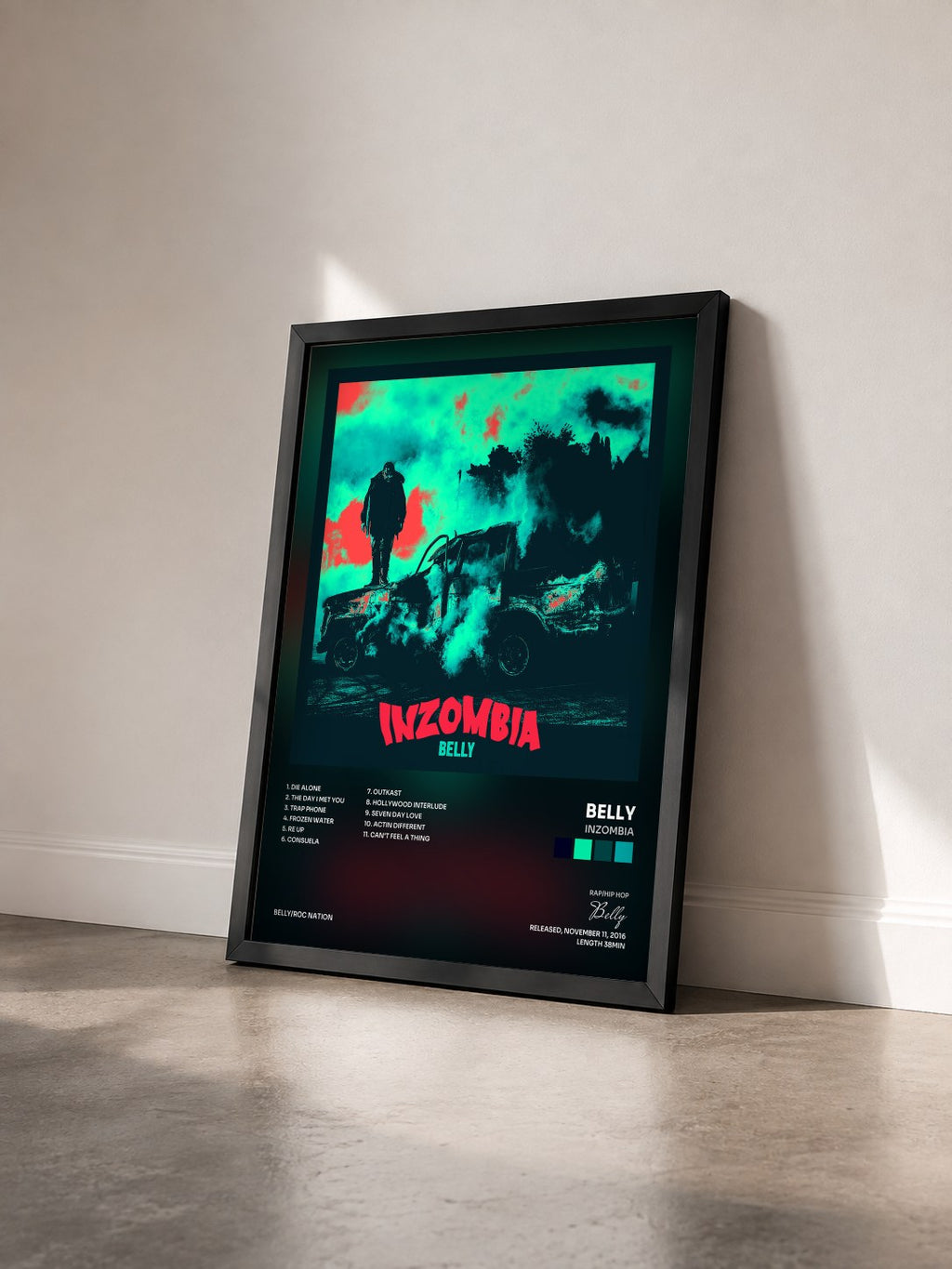 #noir Tableau de l'album Inzombia de Belly vu de trois quarts, cadre noir