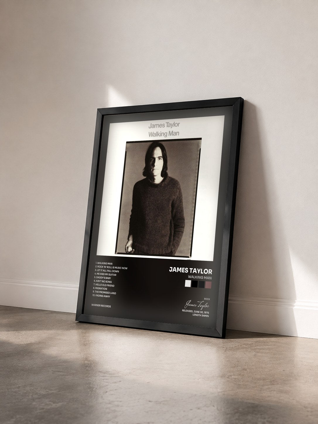 #noir Tableau de l'album Walking Man de James Taylor vu de trois quarts, cadre noir