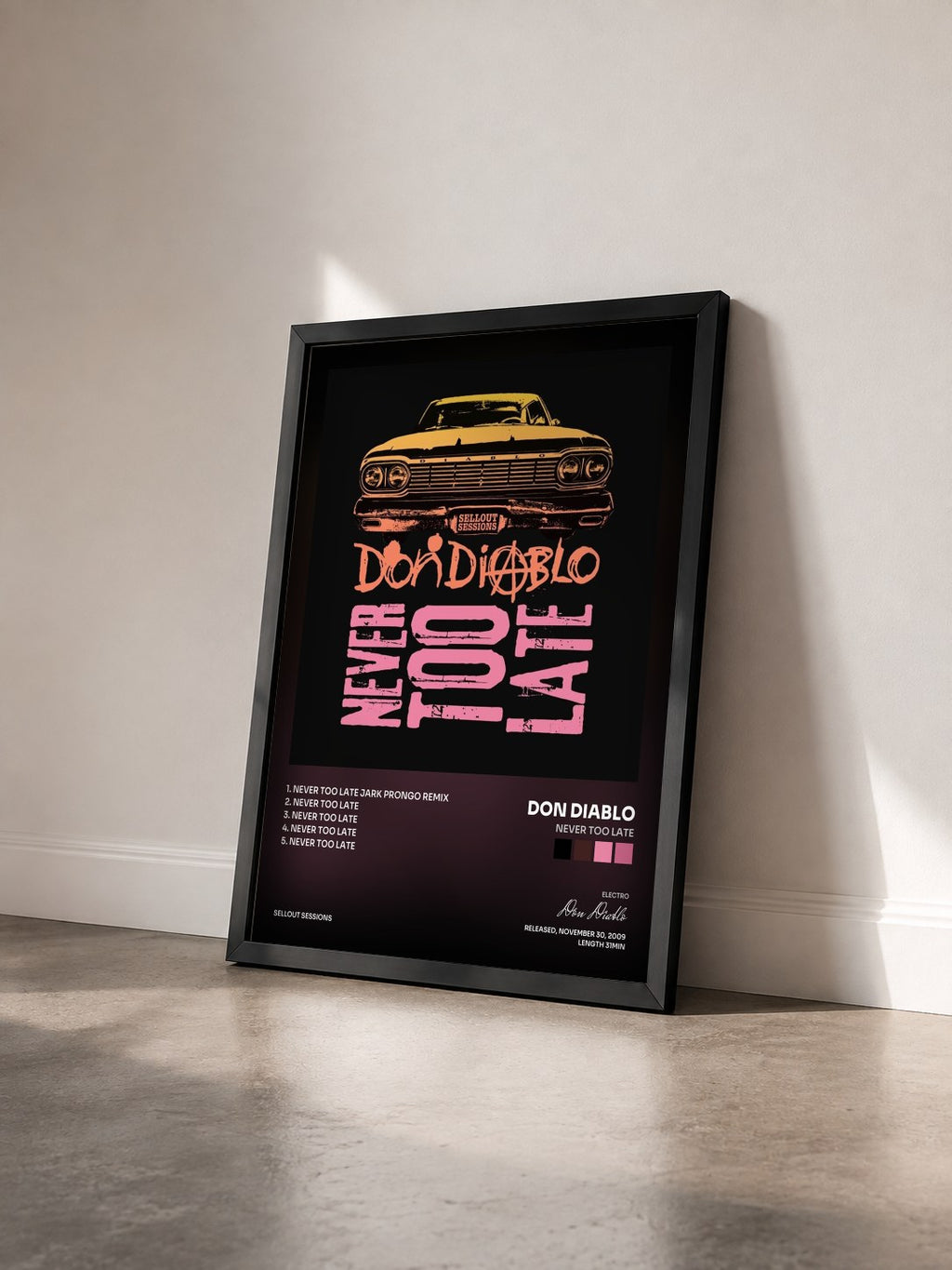 #noir Tableau de l'album Never Too Late de Don Diablo vu de trois quarts, cadre noir