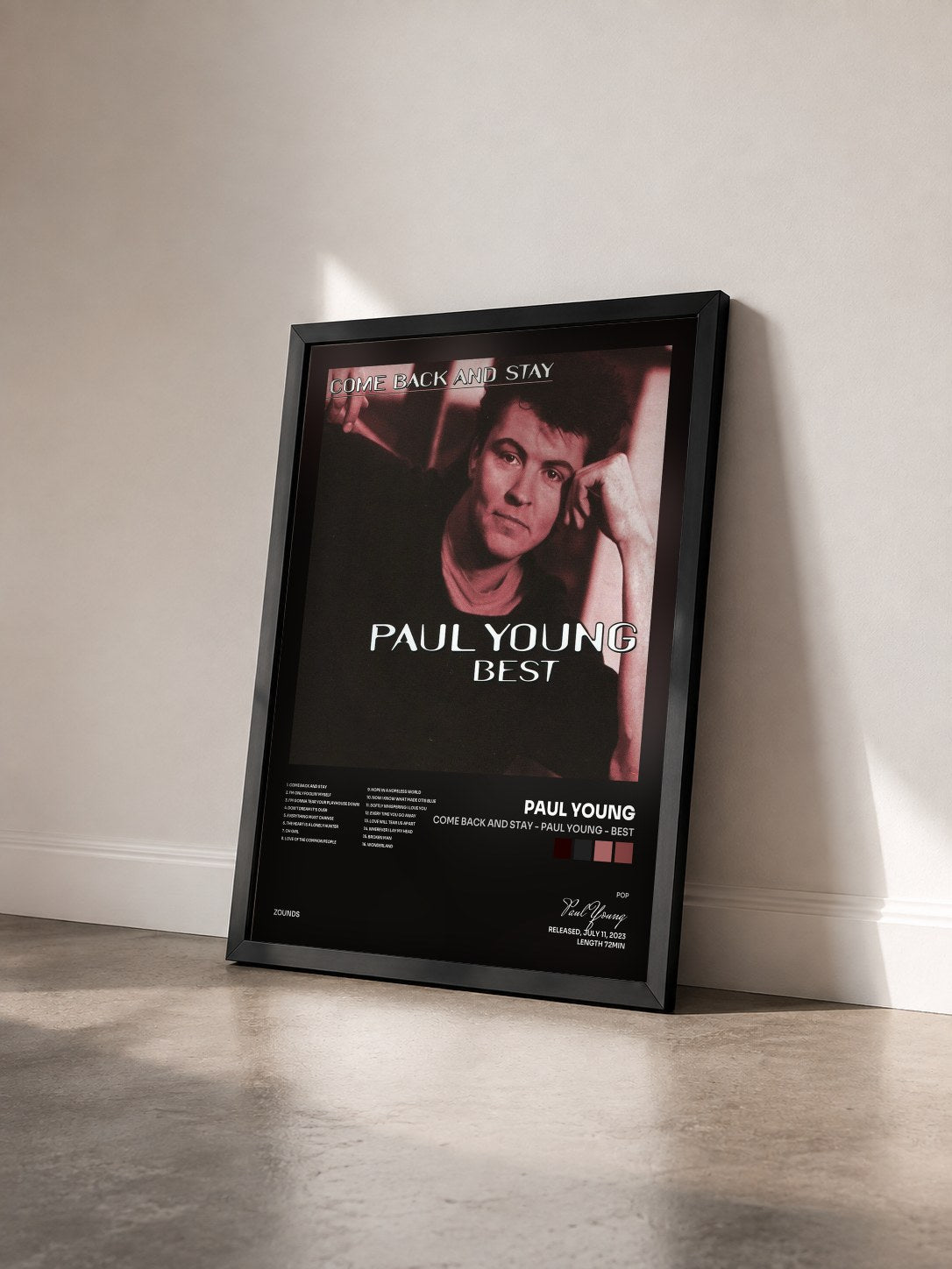 #noir Tableau de l'album Come Back and Stay - Paul Young - Best de Paul Young vu de trois quarts, cadre noir