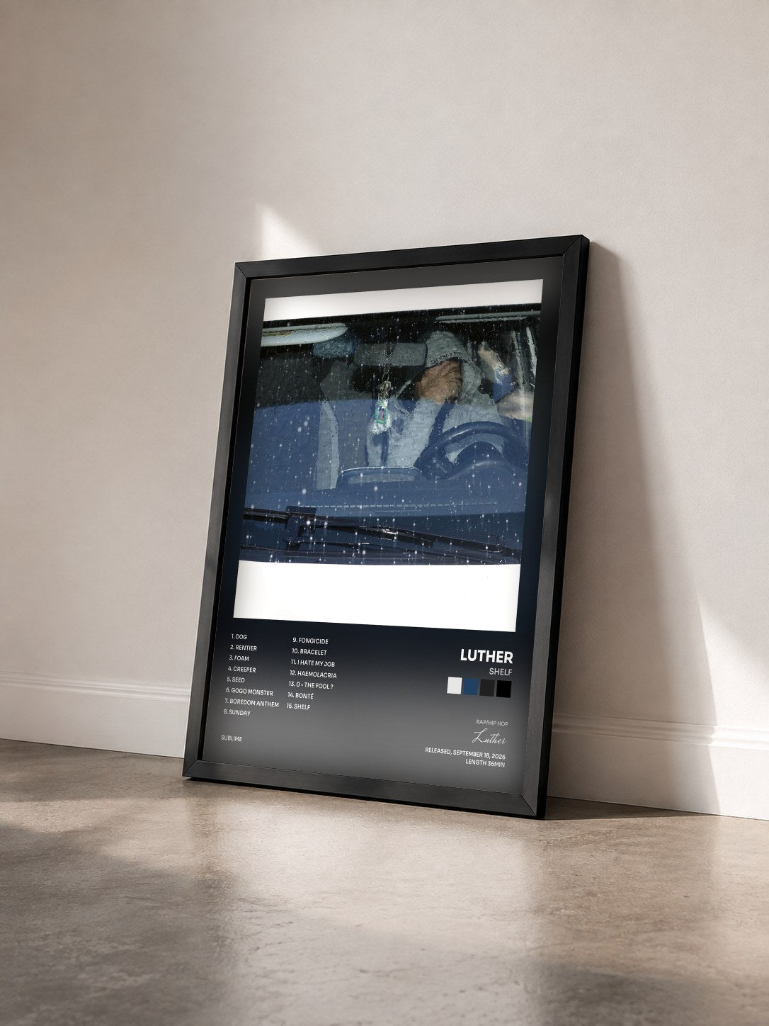 #noir Tableau de l'album shelf de Luther vu de trois quarts, cadre noir