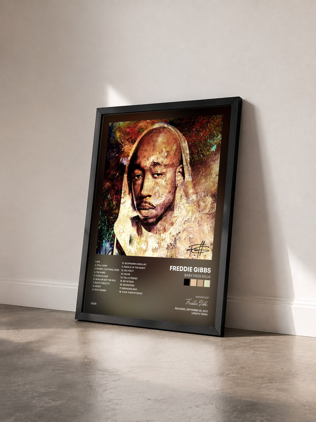#noir Tableau de l'album Baby Face Killa de Freddie Gibbs vu de trois quarts, cadre noir