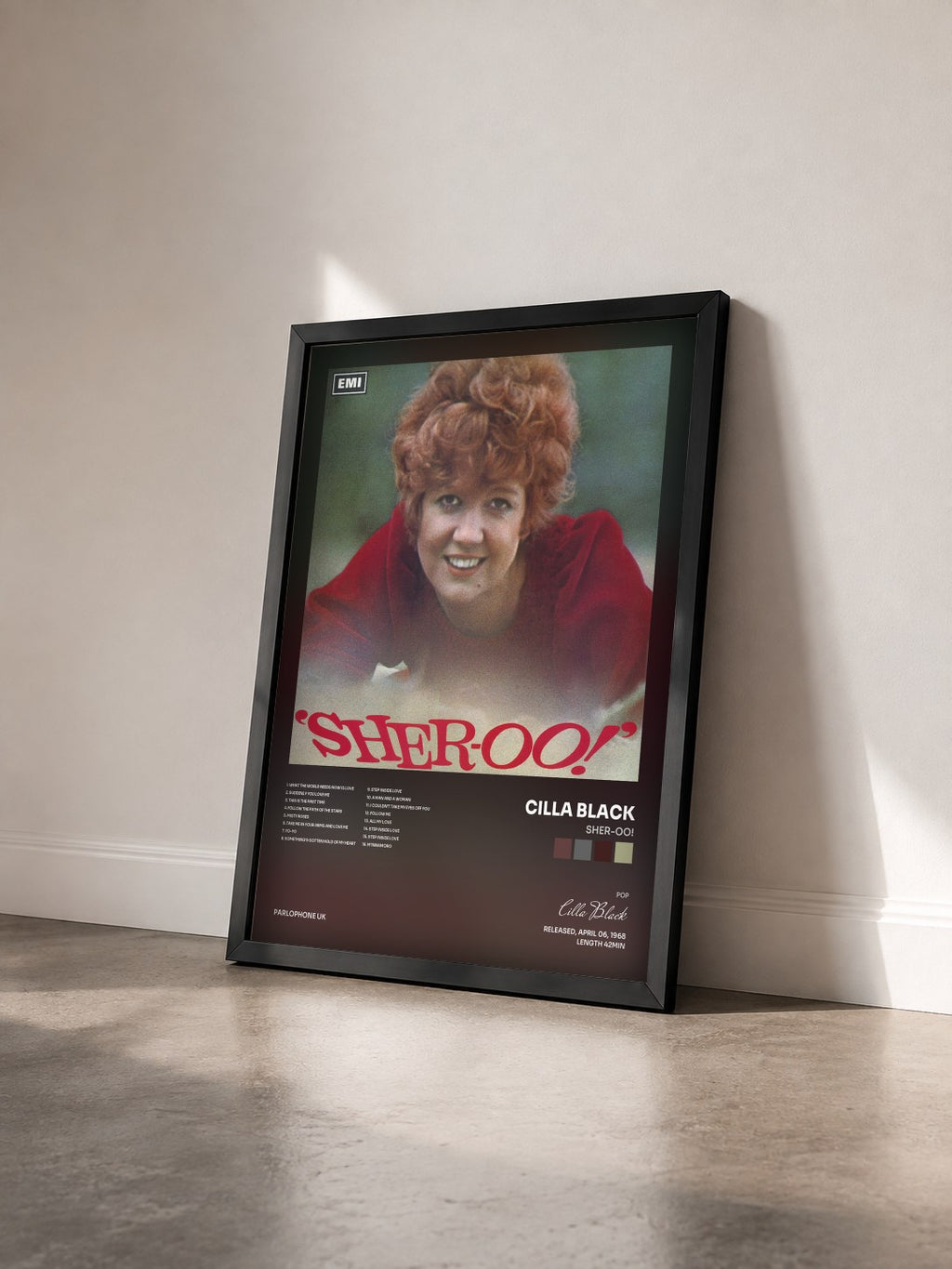 #noir Tableau de l'album Sher-oo! de Cilla Black vu de trois quarts, cadre noir