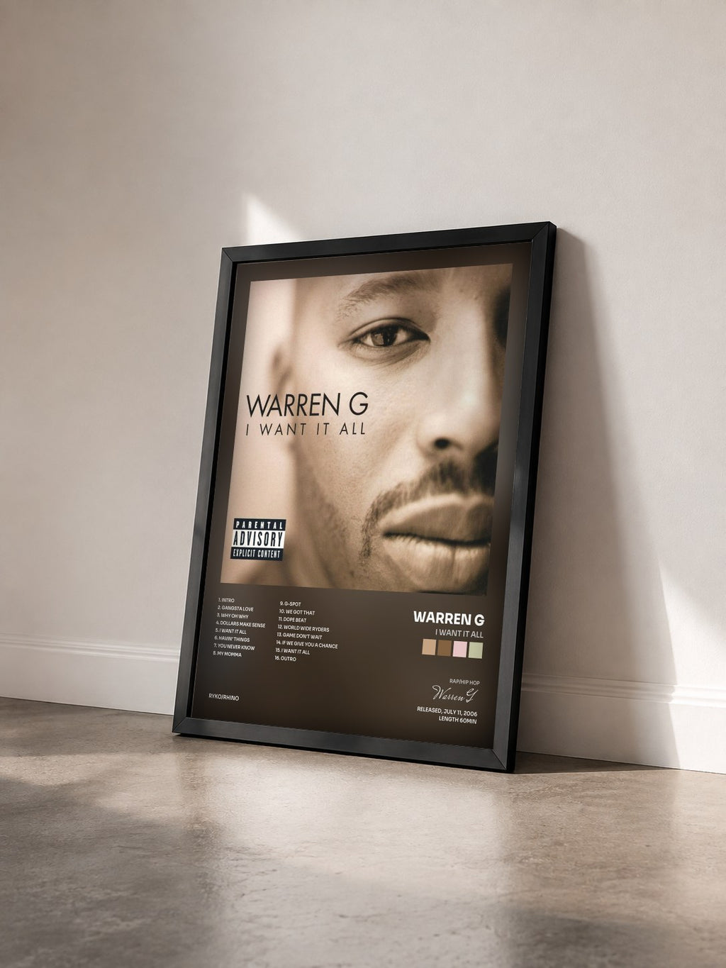 #noir Tableau de l'album I Want It All de Warren G vu de trois quarts, cadre noir