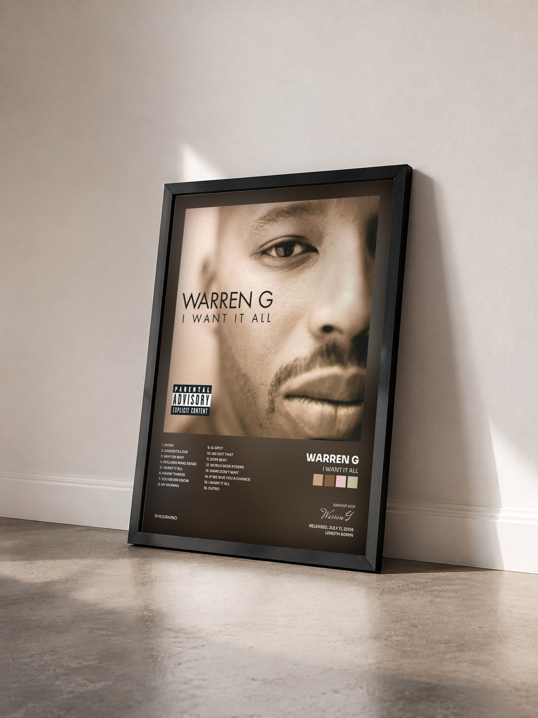 #noir Tableau de l'album I Want It All de Warren G vu de trois quarts, cadre noir