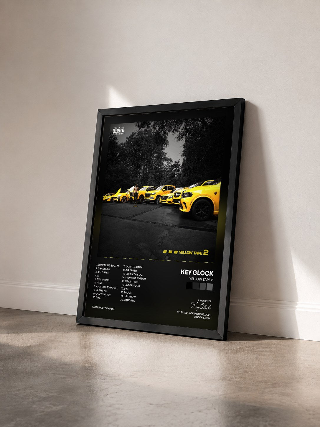 #noir Tableau de l'album Yellow Tape 2 de Key Glock vu de trois quarts, cadre noir
